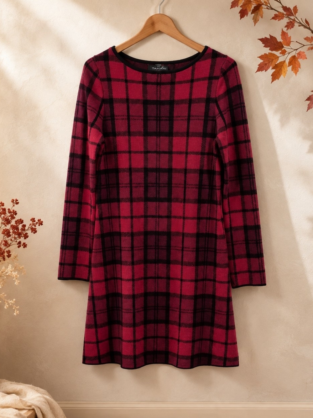 Tahari Plaid Knit A-Line Dress Berry Black Long Sleeve Size M